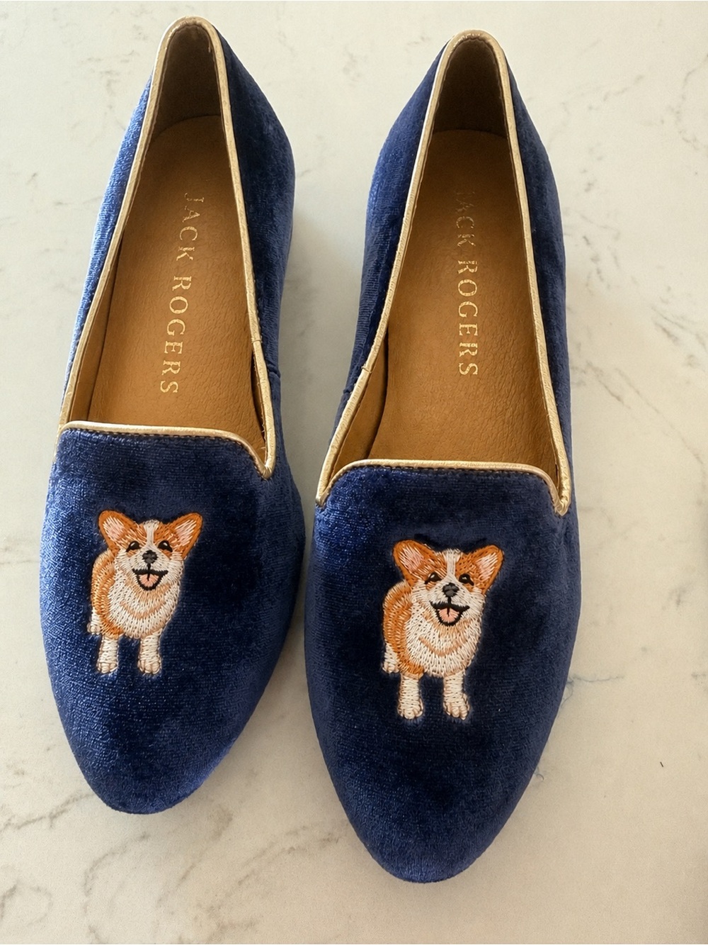 Jack Rogers Navy Velvet Corgi Embroidered Loafers
